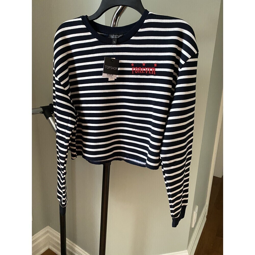 Topshop Women's Long Sleeve Crop Sweatshirt In Navy Stripe Size 8 US
